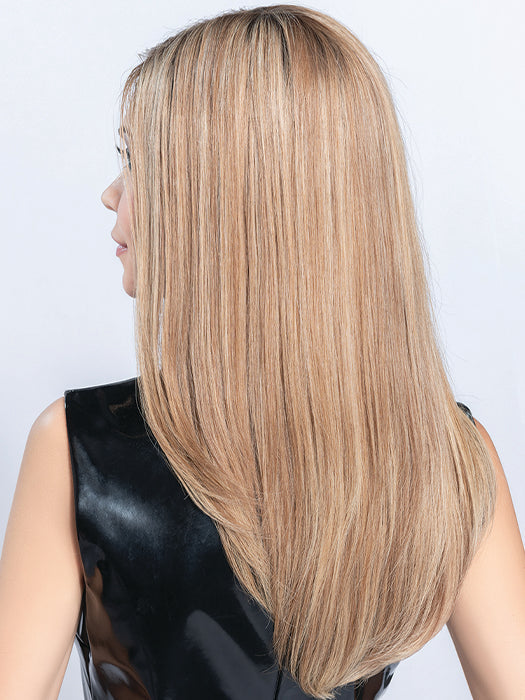 XENITA HI by ELLEN WILLE in LIGHT BERNSTEIN ROOTED 14.20.27 | Light Auburn, Light Honey Blonde, and Light Reddish Brown Blend and Dark Roots